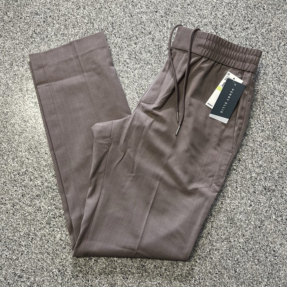 Perry Ellis Pants Mens 30x32 Slim Fit Drawstring Wool Blend Tapered Stretch Wine